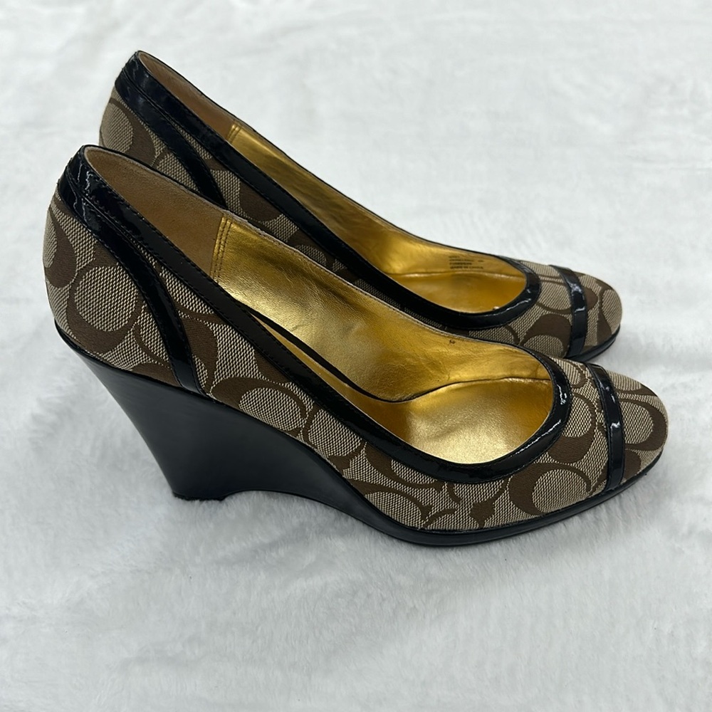 Coach Kerryann Brown Wedge Heels with Coach logos. size 9. Very nice condition.